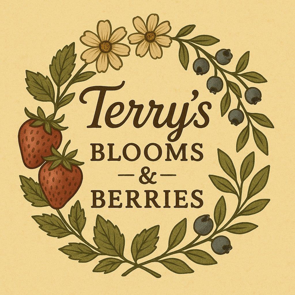 The Terry’s Blooms & Berries badge: strawberries, blueberries and daisies in a leafy wreath